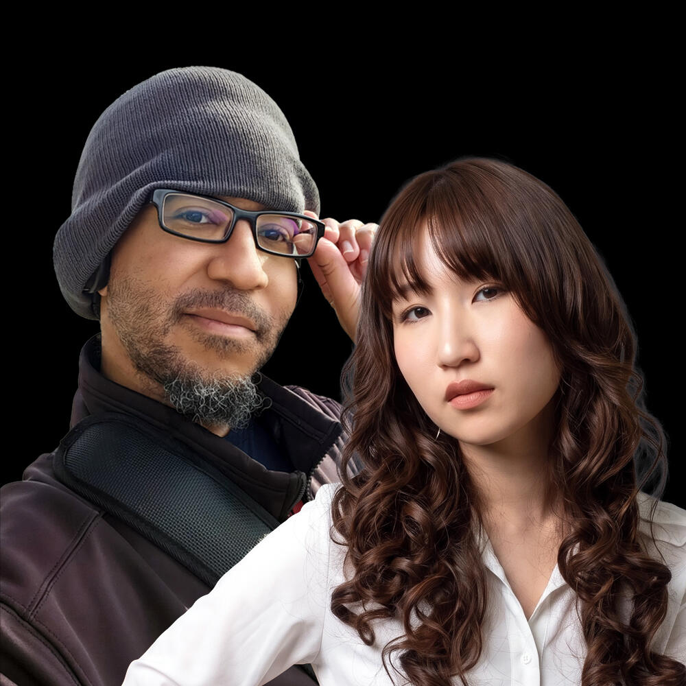 A split image features a person on the left smiling, wearing glasses, a black shirt, and a bright pink tie. On the right, a person looks thoughtfully to the side, with short brown hair and wearing a dangling earring, set against a natural green backdrop.